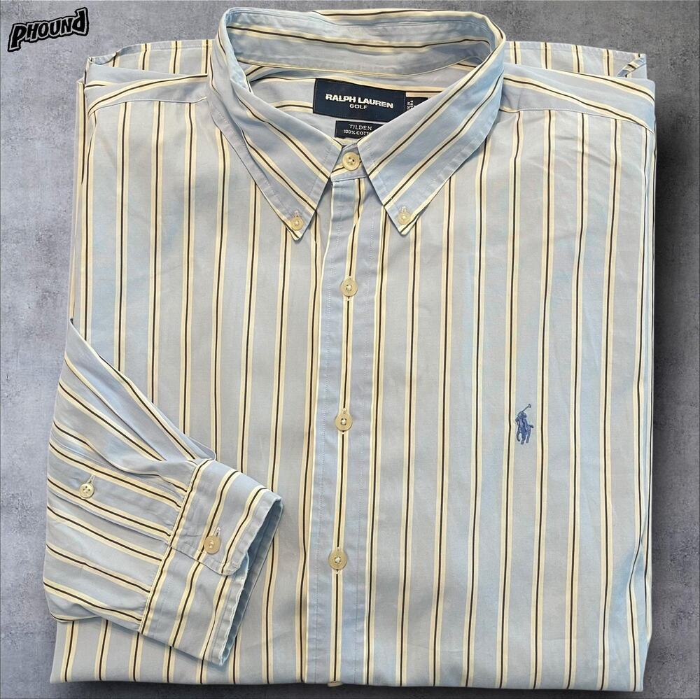 Ralph Lauren Golf Shirt Mens 2XL Blue Striped Tilden Button Down Long Sleeve